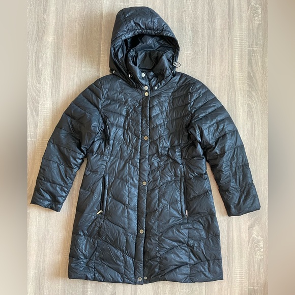 Utex Long Black GOOSEDOWN puffer Jacket Trench w/ Removable hood. Size L - Picture 3 of 15